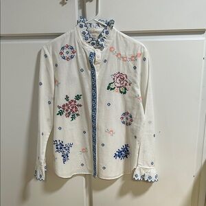Sezane White Linen Floral Embroidered Blouse